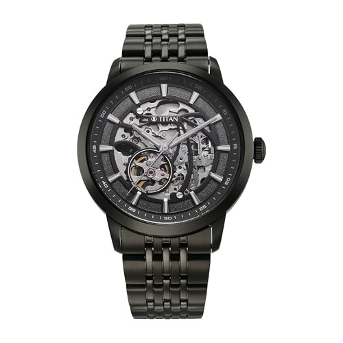 Titan Phoenix Skeletal Automatic Analog with Gun Dial Black Stainless Steel Strap Watch for Men