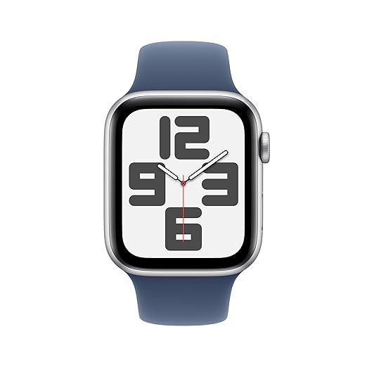 Apple Watch SE (2nd Gen, 2023) [GPS 44mm] Smartwatch with Silver Aluminum Case with Denim Sport Band. Fitness & Sleep Tracker, Crash Detection, Heart Rate Monitor, Retina Display