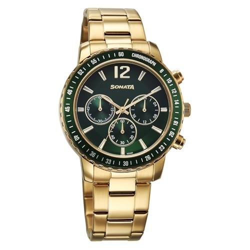 Sonata Chronos Quartz Green Round Dial Men's Watch | Stainless Steel Strap Material